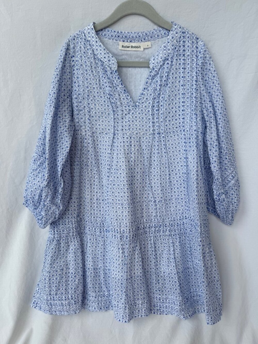 Roller Rabbit Girls Size 6 Blue White Floral Cotton Tiered Dress